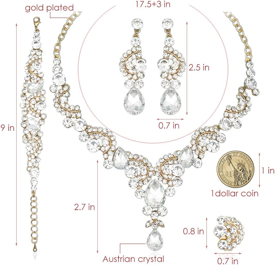 CSY Elegant Crystal Necklace Earrings Bracelet Ring Bridal Wedding Party Costume Jewelry Sets for Brides Women