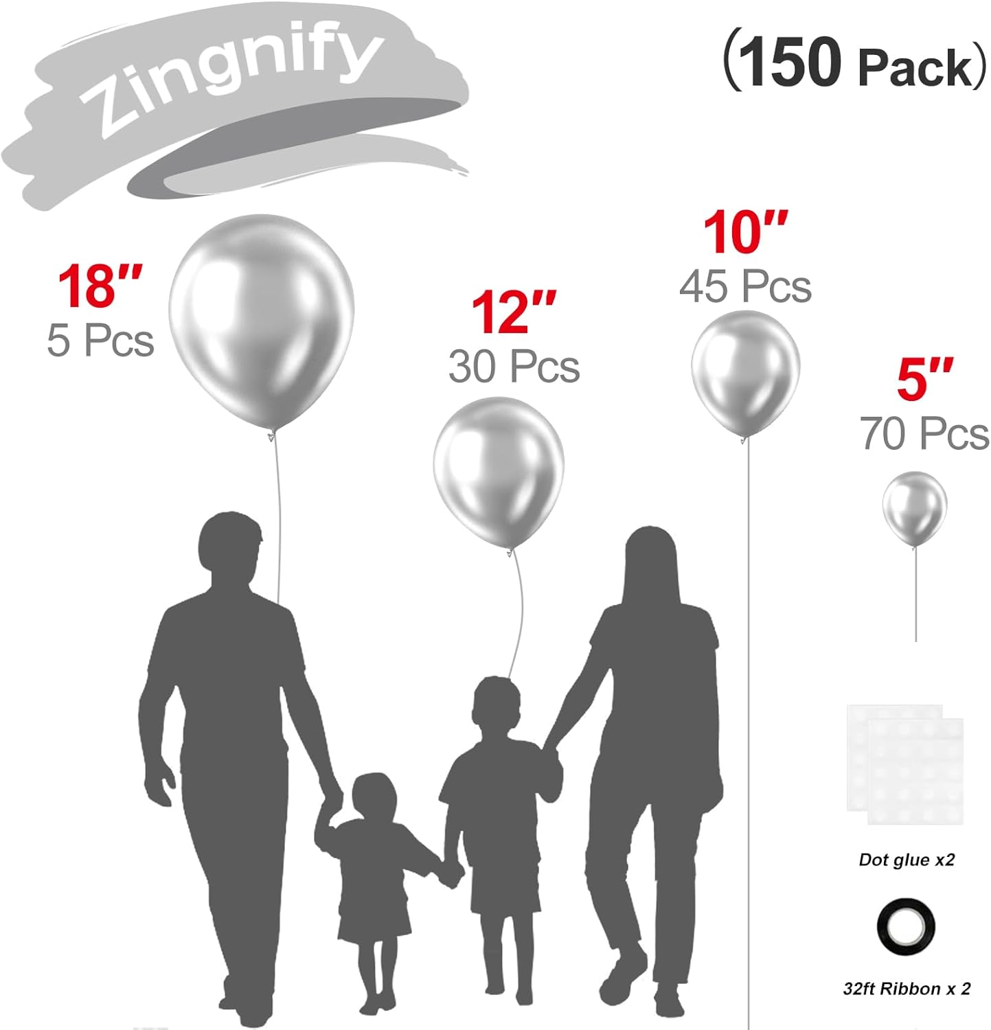 Metallic Silver Balloons, 150 pcs Different Sizes Pack of 18 Inch 12 Inch 10 Inch 5 Inch Chrome Silver Balloon Arch Kit Garland for Graduation New Year Wedding Birthday Party Decorations