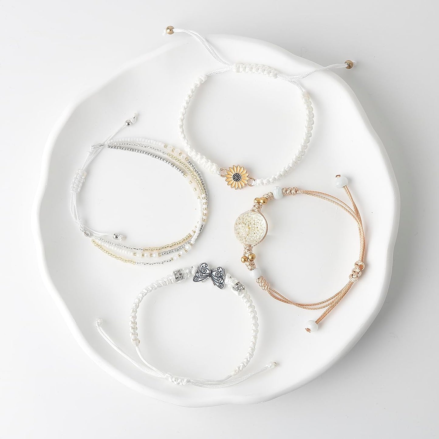 DS 4PCS String beads Charm Bracelets for Teen Girls Dainty cute cartoon Butterfly Daisy Eternal flower Beads Bracelets set for woman and girls Adjustable Stretch bracelet birthday Gift For Friends