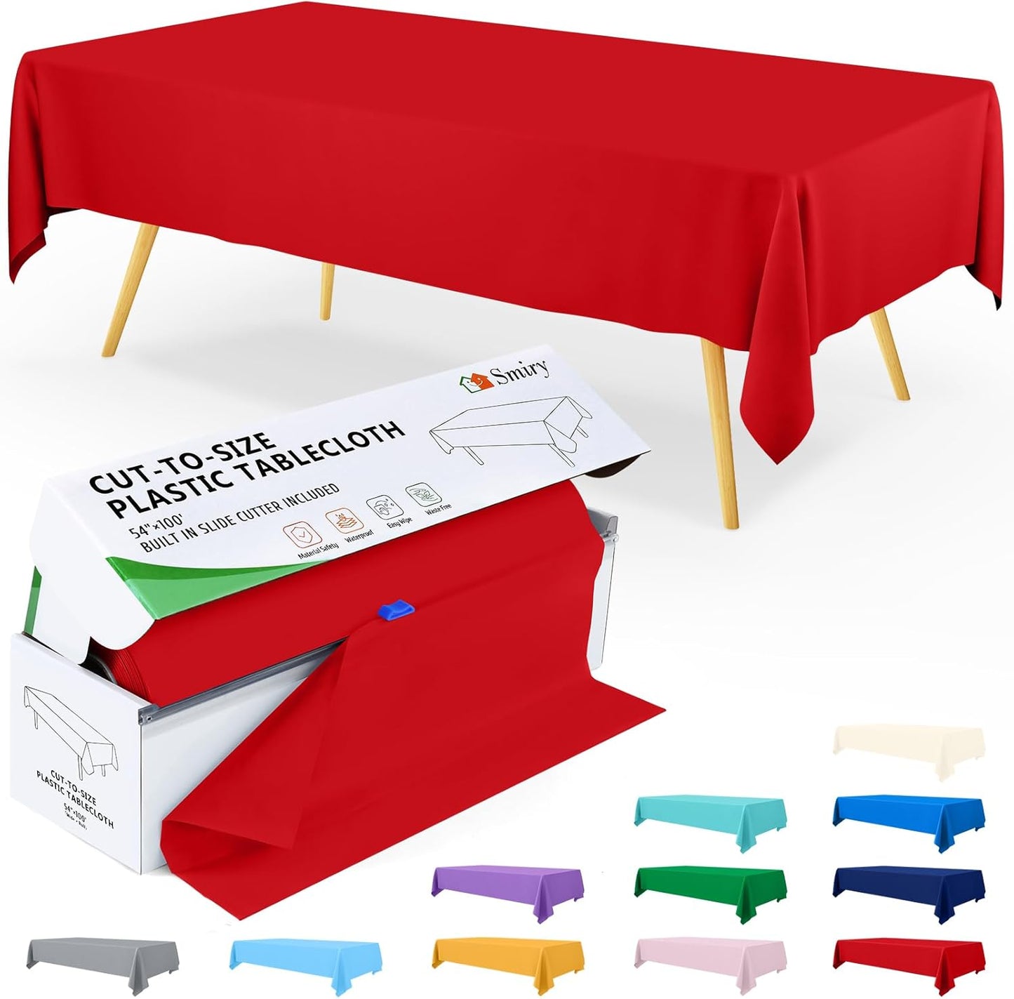 Smiry 54 Inch x 100 Feet Disposable Table Cover Roll, Red Plastic Table Cloth in Cut-to-Size Box with Slide Cutter, Waterproof Rectangle Tablecloths for Weddings, Banquets, Outdoor