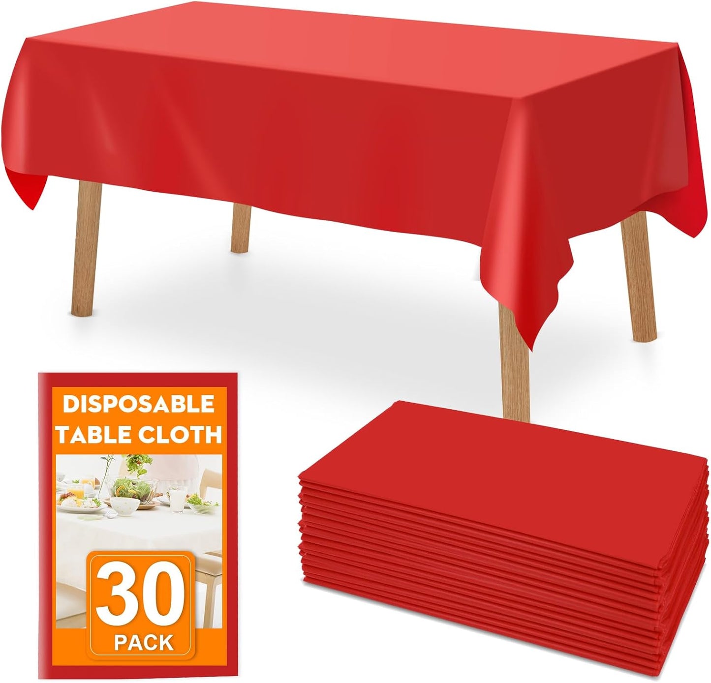 30 Pack Red Plastic Table Cloths Disposable, 54 x 108 Inches Plastic Table Cover for Rectangle Tables, Disposable Tablecloth for Dinning, Parties, BBQ, Wedding, Outdoor
