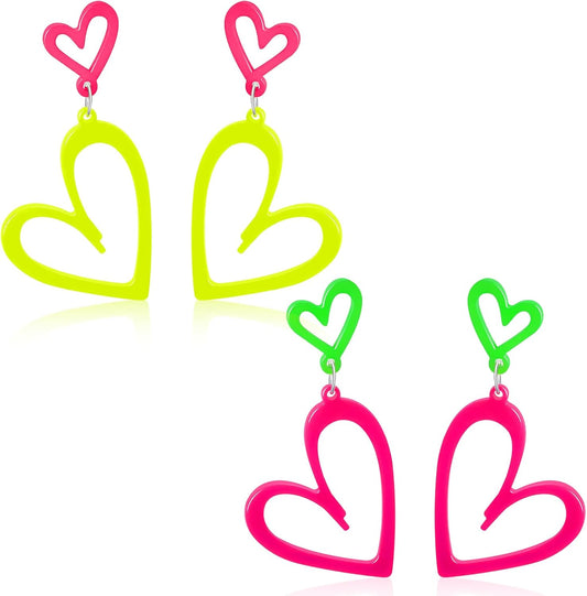 2 Pair Neon Heart Earrings, Acrylic Neon 80s 90s Outfit for Women, Glow Party Accessories Gifts Hot Pink & Yellow