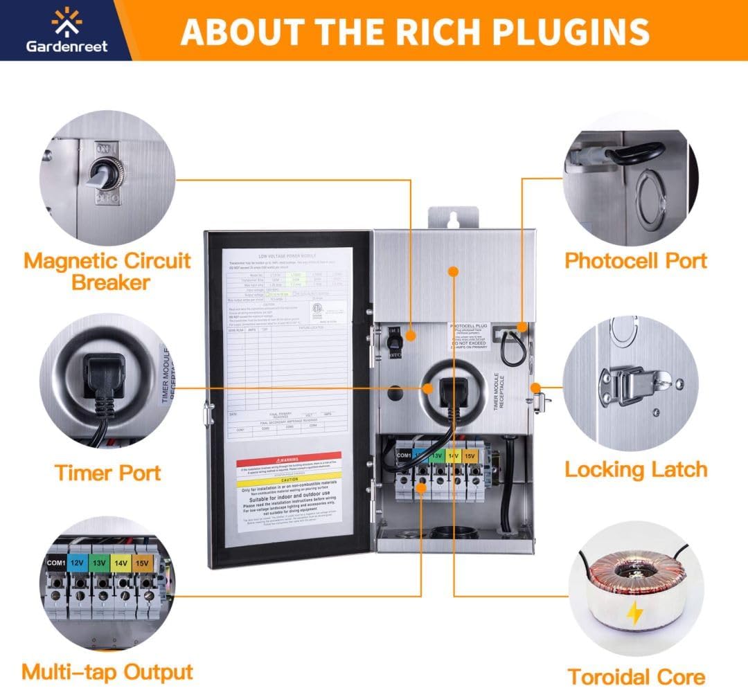 Gardenreet Black Brass Low Voltage Landscape Spotlights(8-Pack) Kit 12V LED with 150W Low Voltage Transformer & Mechanical Timer & 100FT Wire & 40Pack Connectors for Outdoor House Garden Patio