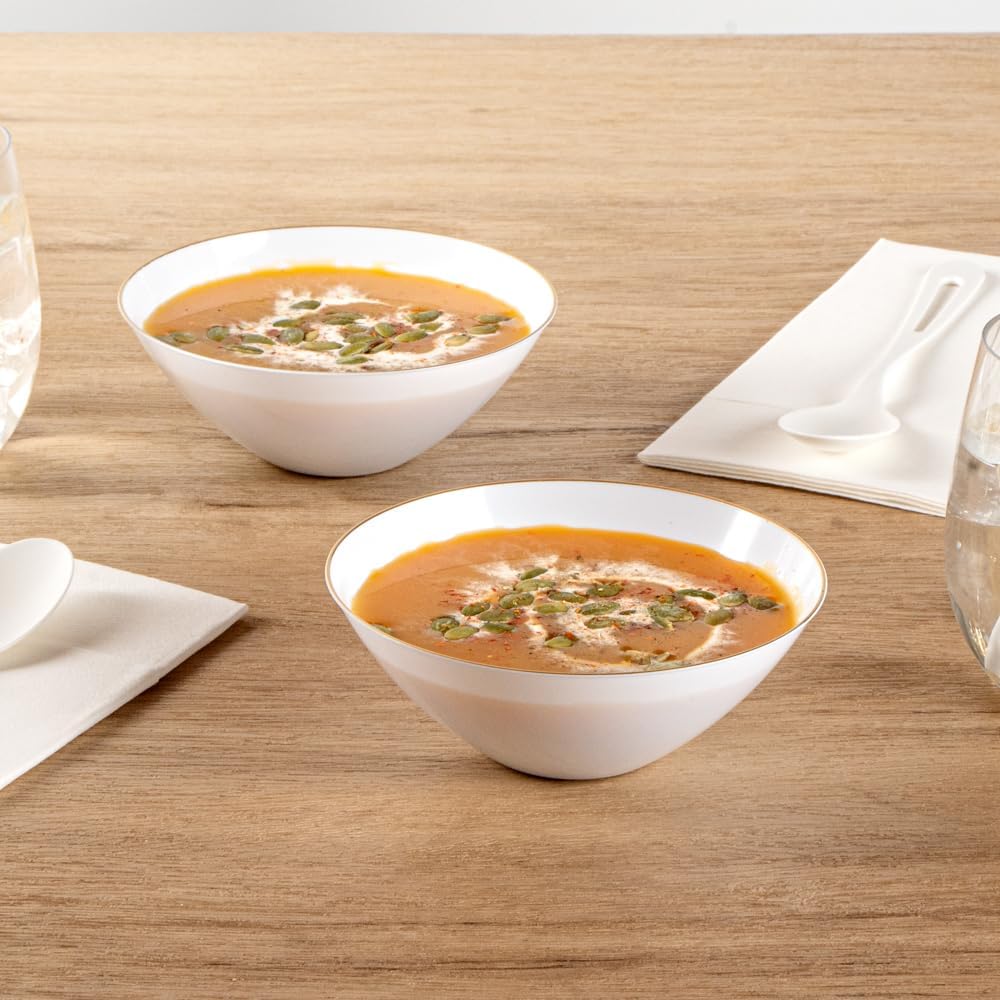 Restaurantware Moderna 6 Ounce Plastic Bowls 20 Durable Disposable Salad Bowls - Gold-Rimmed Heavy-Duty White Plastic Fancy Bowls For Warm And Cold Foods Ideal For Restaurants