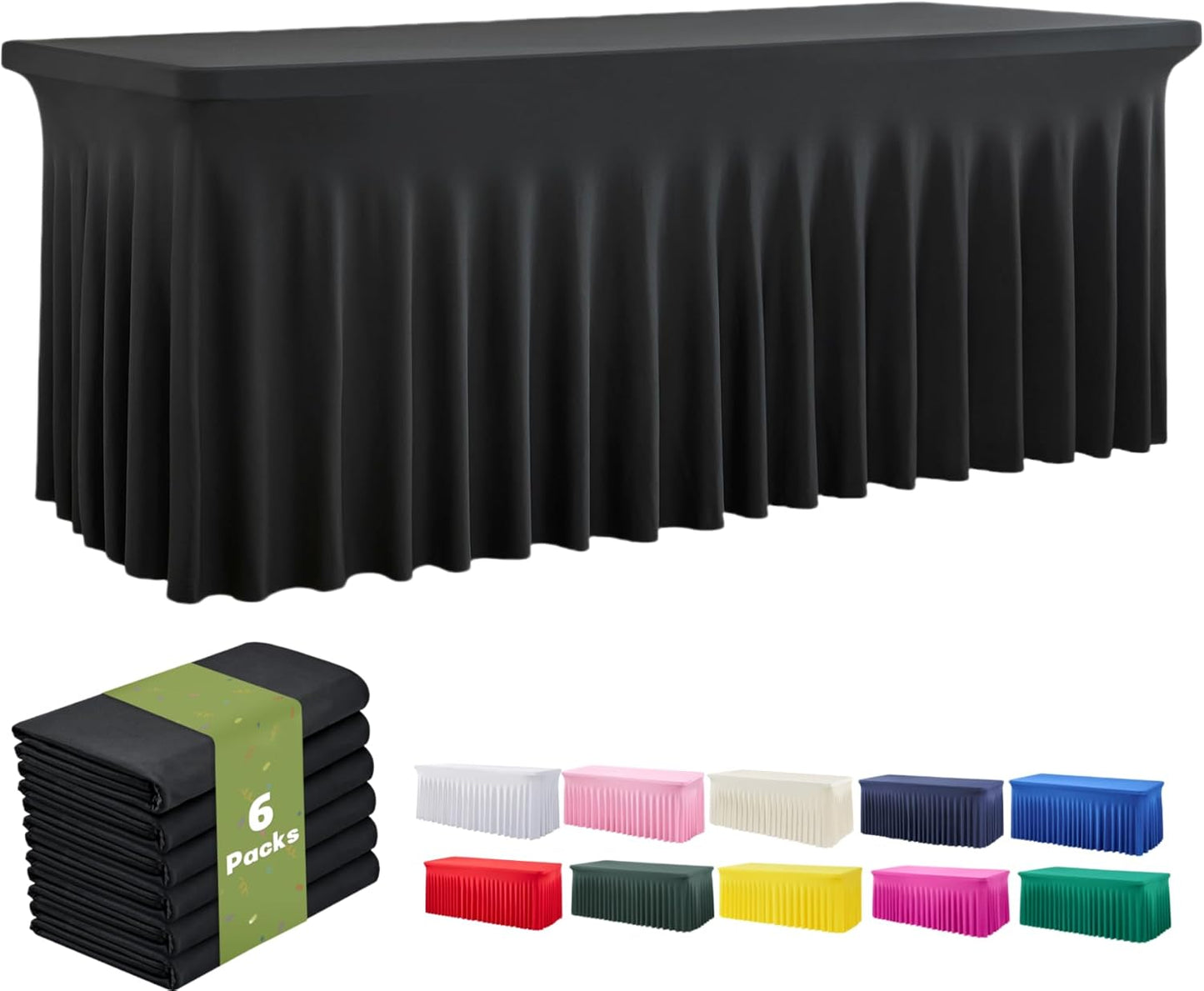 leegleri 6 Pack Black Spandex Table Cloths for 6 Foot Rectangle Tables, Wrinkle Free Fitted Stretch Tablecloths 6ft, Black Banquet Tablecloth with Skirt for Parties Weddings Birthday