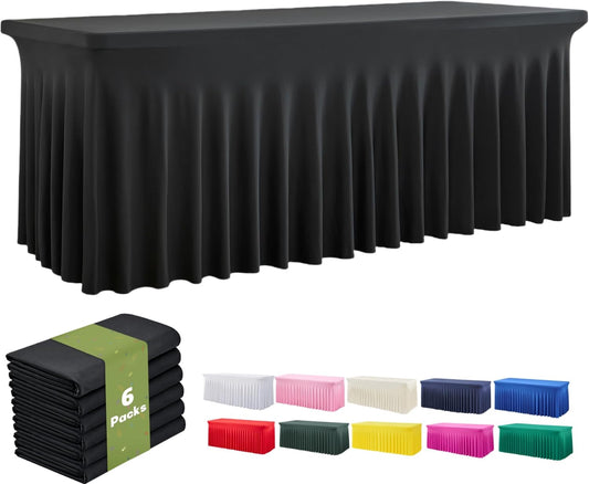 leegleri 6 Pack Black Spandex Tablecloths for 8 Foot Rectangle Tables, Wrinkle Free Fitted Table Cloths 8ft Stretchy Table Cloth Cover with Skirt for Parties Weddings Birthday Banquet Baby Shower
