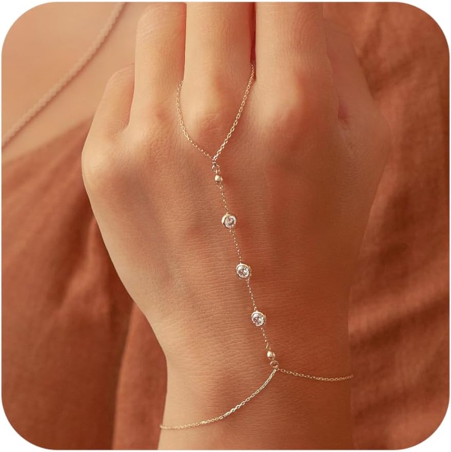 Listine Hand Chain Bracelet 14K Gold Plated Ring Bracelet Hand Chain Trendy Stuff for Women Dainty Hand Bracelets with Finger Ring Hand Jewelry for Women