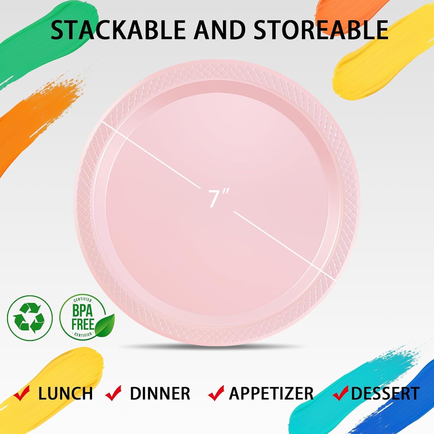 WELLIFE Pink Party Plates 7 Inch -150 Count, Disposable Plastic Light Pink Dessert Plates for Party Cake Easter Mother's Day Baby Shower Appetizer