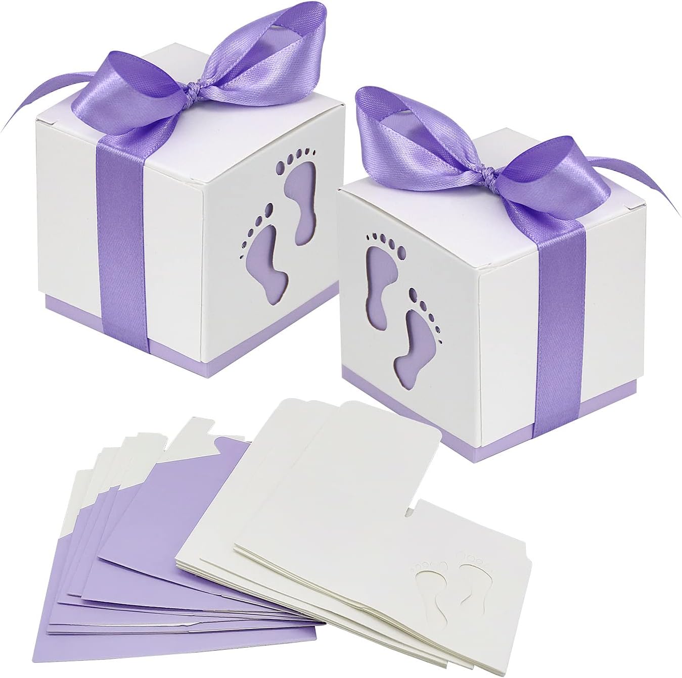 50pcs Baby Shower Party Favor Boxes, Footprint Design Candy Treat Gift Boxes for Kids Birthday Baby Shower Guests Wedding Party Supplies with Ribbon,Purple