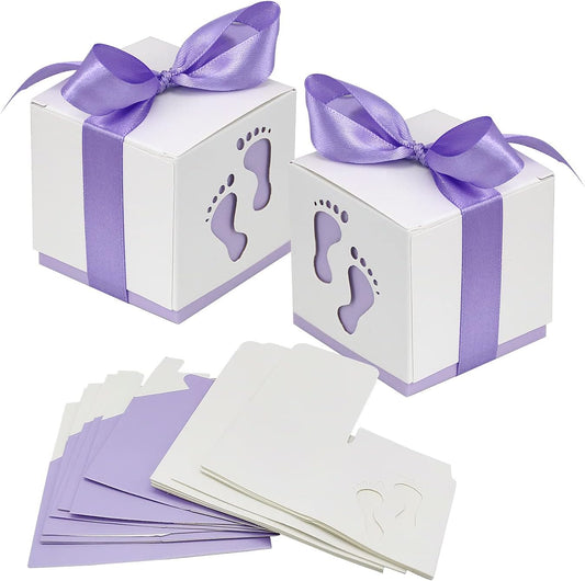 50pcs Baby Shower Party Favor Boxes, Footprint Design Candy Treat Gift Boxes for Kids Birthday Baby Shower Guests Wedding Party Supplies with Ribbon,Purple