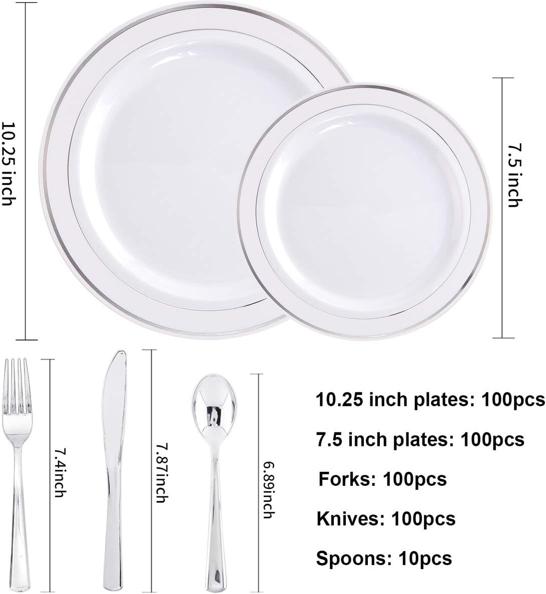 I00000 700 Piece Silver Dinnerware Set for 100 Guests-100 Dinner Plates, 100 Dessert Plates, 100 Disposable Cups 10 oz, 100 Paper Napkins, 100 Plastic Silverware Set Perfect for Party & Wedding
