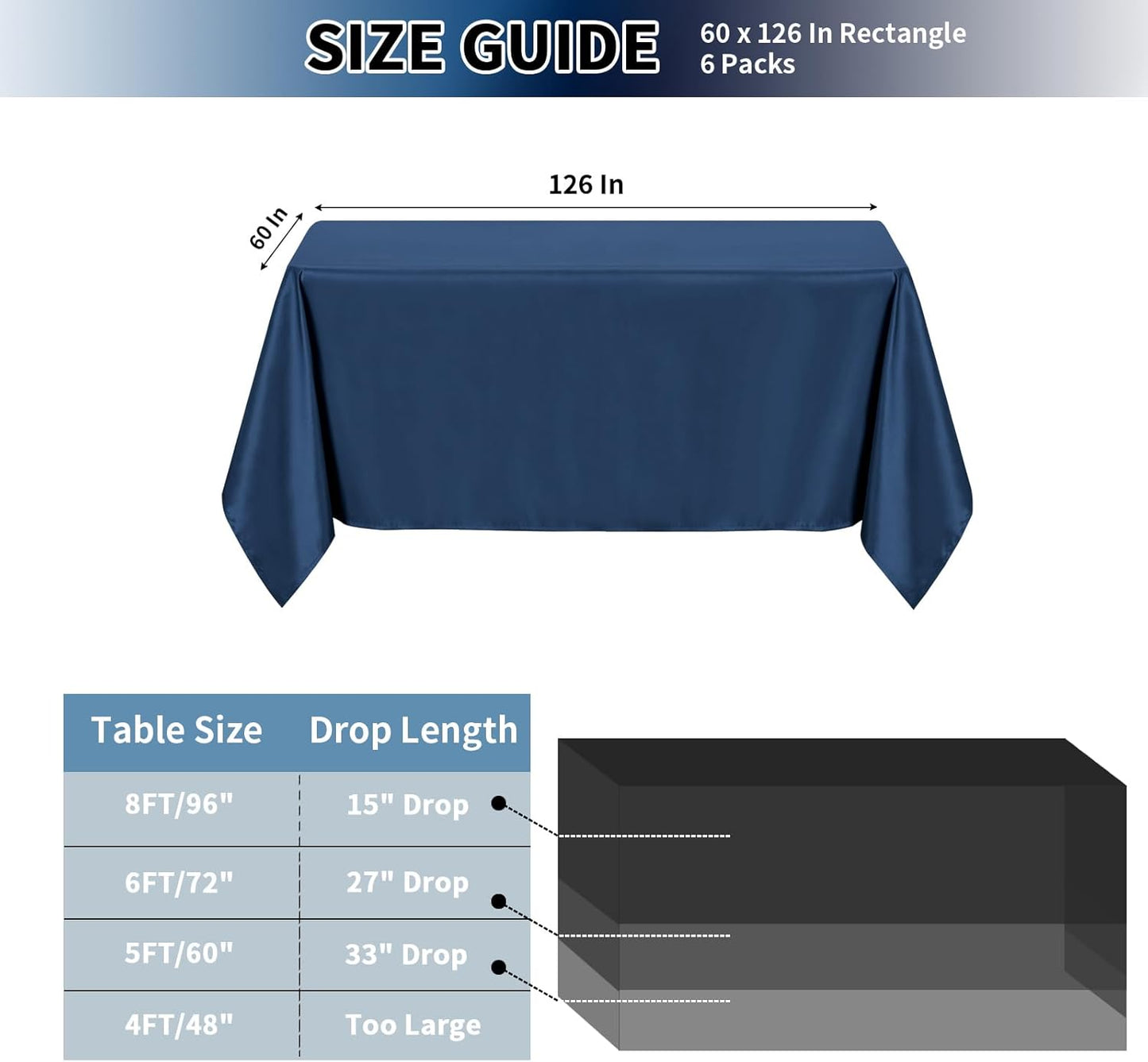 PureFit 6 Pack Rectangle Navy Blue Table Cloths 60 x 126 Inch for 6Ft Tables, Stain and Wrinkle Resistant Table Linens for Home Use, Wedding, Party, Banquet and Campingc