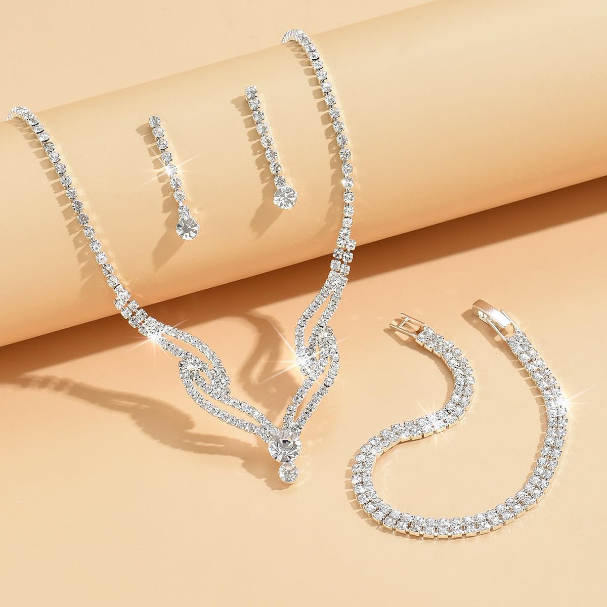 Prom Earrings Necklace Bracelet Set Elegant Crystal Rhinestone Necklace Earrings Bracelet Bridal Wedding Prom Dresses Costume Outfit Gold Jewelry Sets for Women