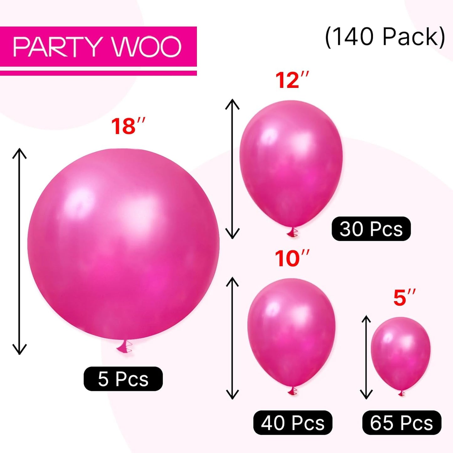 PartyWoo Pearl Hot Pink Balloons 140pcs Different Sizes of 18 12 10 5 Inch Magenta Fuchsia Dark Pink Balloon Arch Kit Garland for Bridal Baby Shower Princess Birthday 1950s Party Decorations Pink-Z38