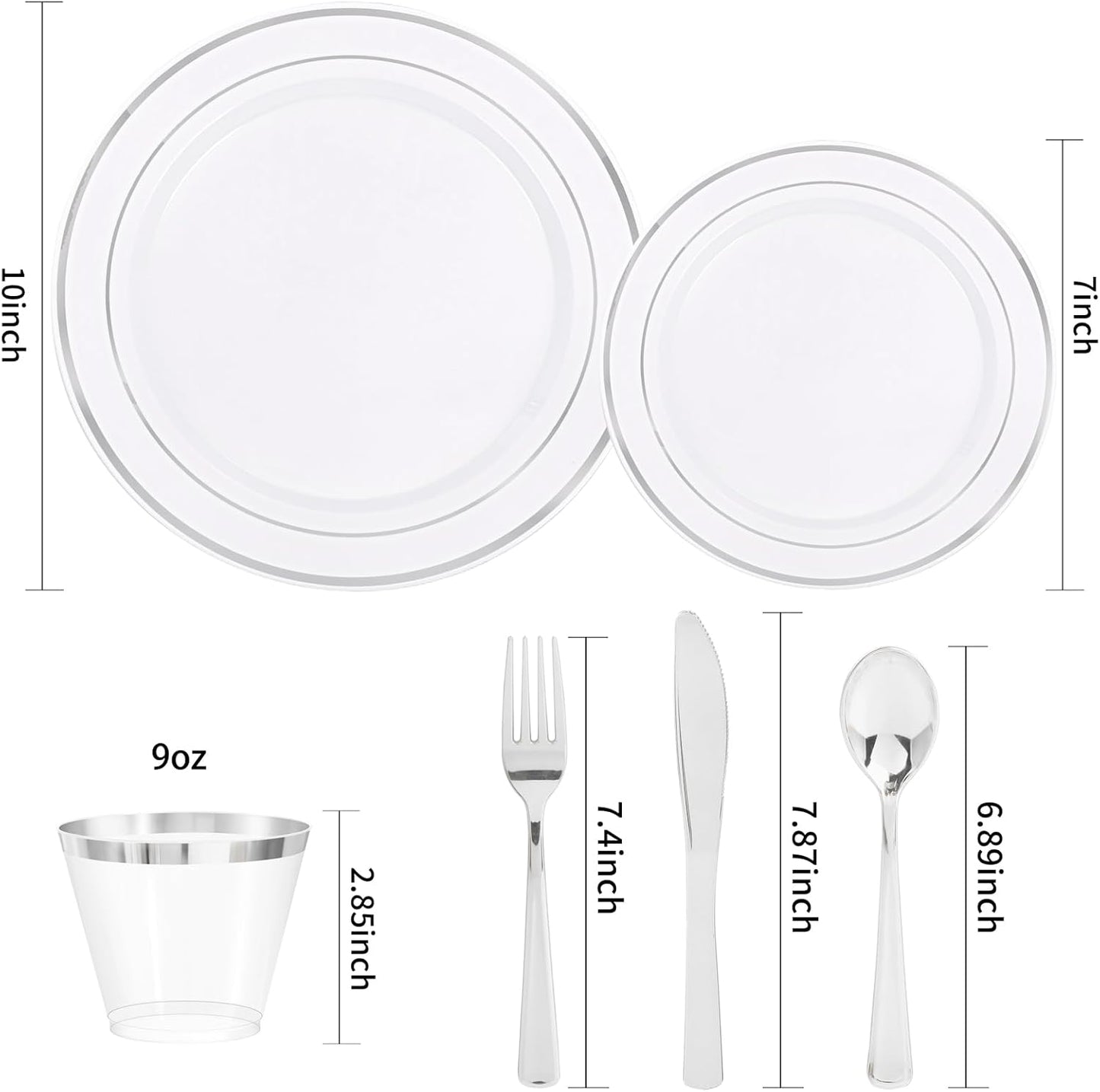 bUCLA 300PCS Silver Disposable Plastic Dinnerware Set - 50 Guests White Silver Disposable Plates Include 50 Dinner Plates,50 Dessert Plates,50 Knives,50 Forks,50 Spoons,50 Cups for Party & Christmas