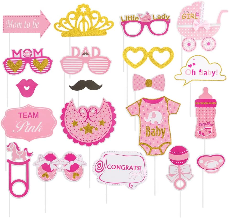 SUNBEAUTY 20 Pcs Girl Baby Shower Photo Booth Props Pink and Gold Lovely Photobooth Props with Sticks for Baby Shower Accessories Newborn Girl Gift Party Supplies