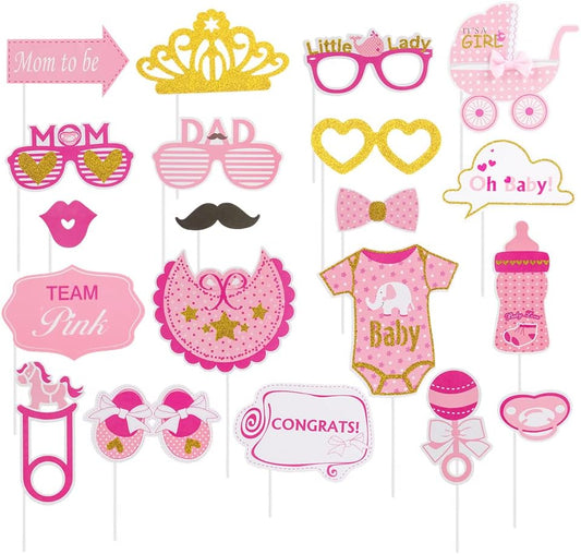 SUNBEAUTY 20 Pcs Girl Baby Shower Photo Booth Props Pink and Gold Lovely Photobooth Props with Sticks for Baby Shower Accessories Newborn Girl Gift Party Supplies