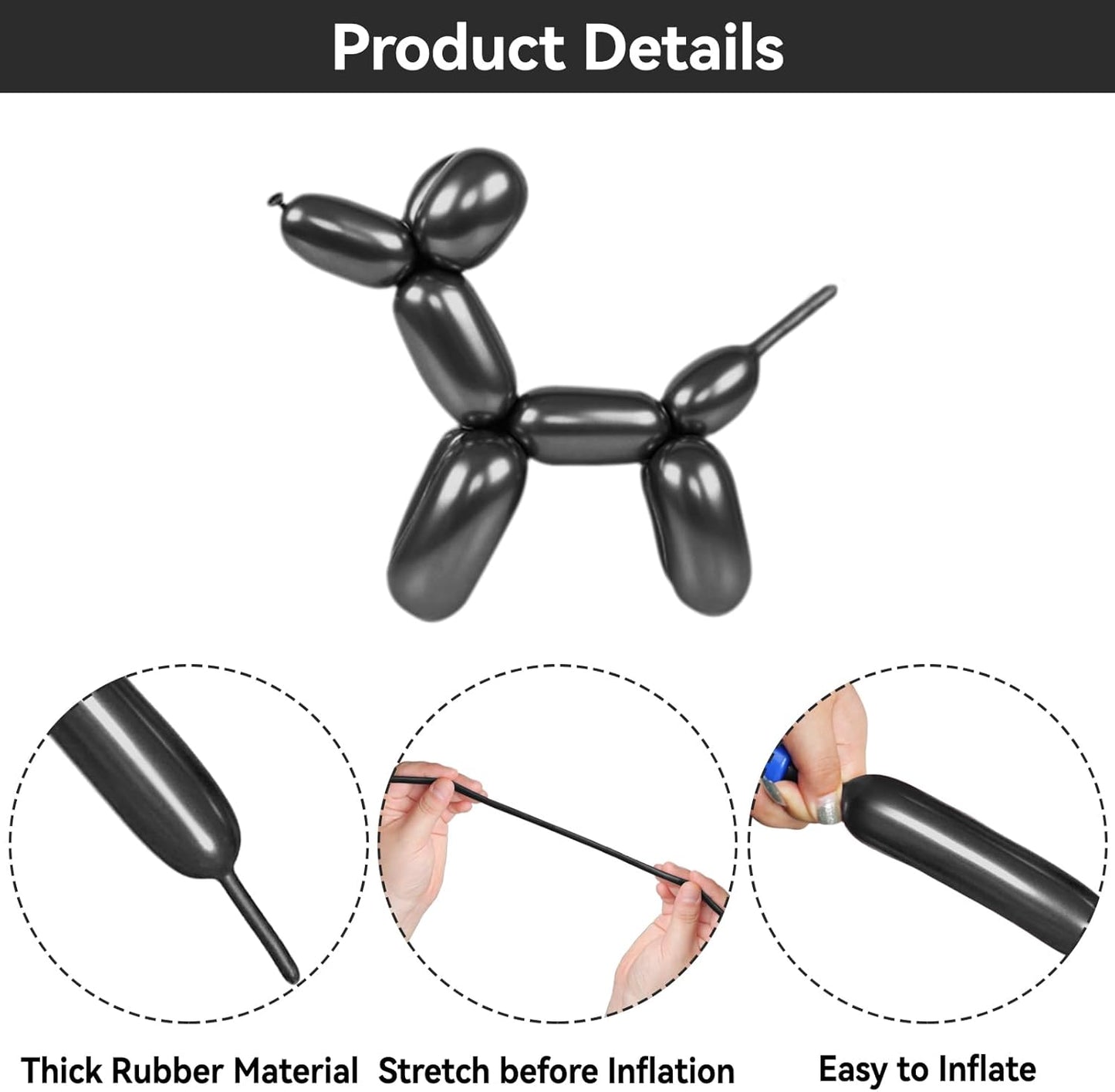 Metallic Black Long Balloons Premium 260 Twisting Animals Magic Balloons for Birthday Kids Wedding Party Supply 100pcs