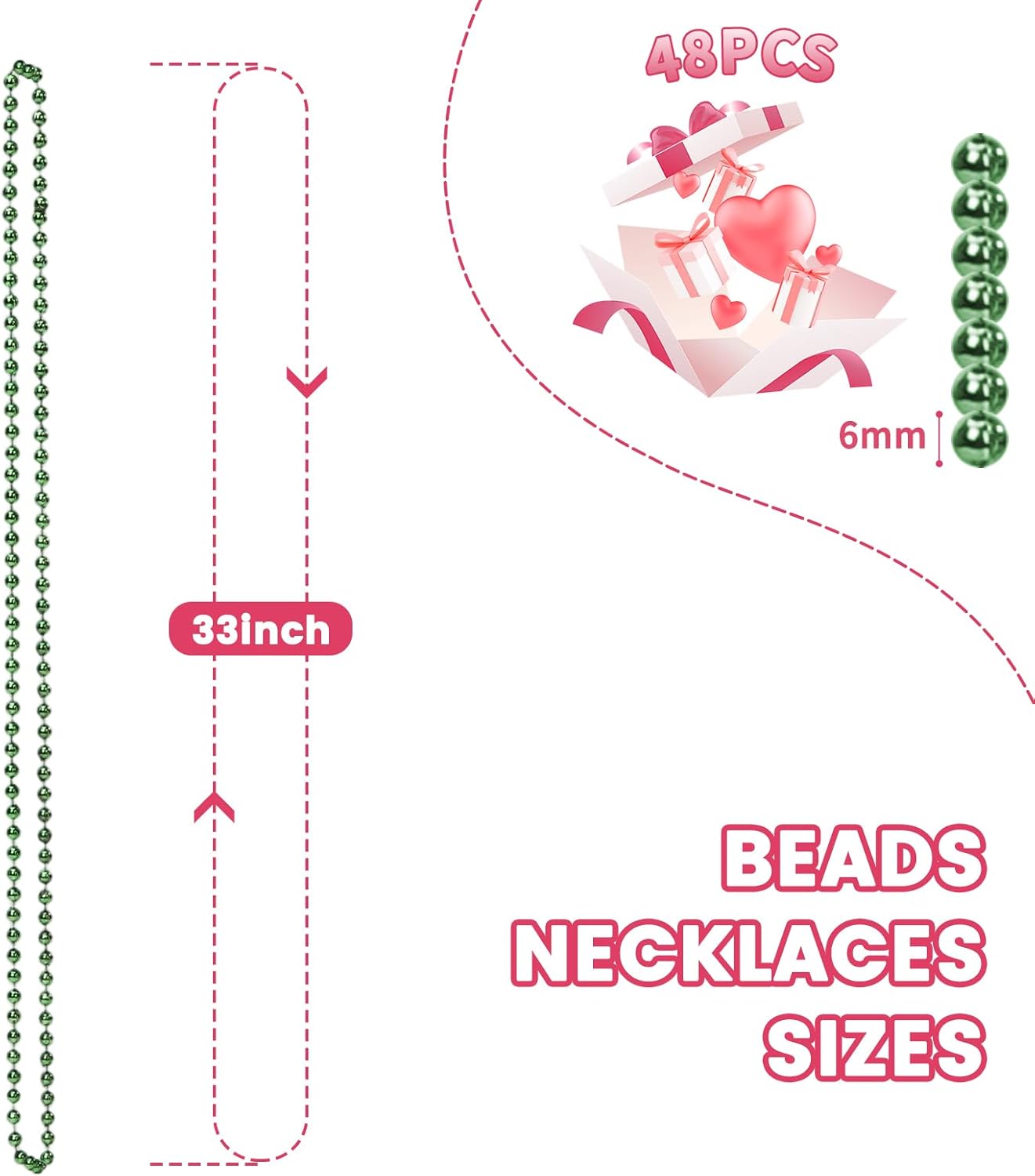 48 Pack Mardi Gras Beads Necklaces, 33 Inch Plastic Beads for Party Favors, Festival Decorations, Parade Throws, Christmas, St. Patrick's Day Celebrations