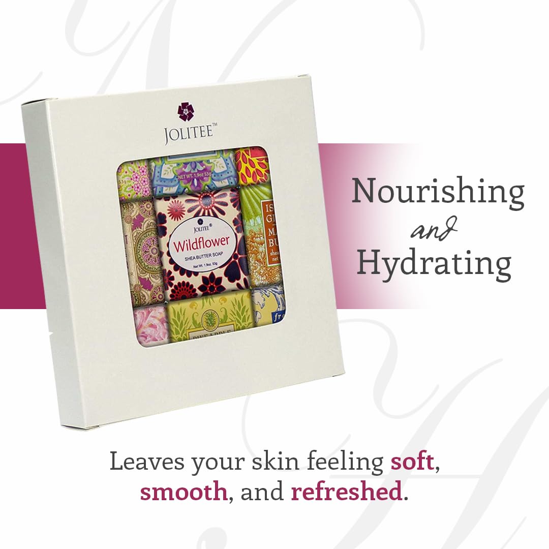 Jolitee French Milled Botanical Soap Sampler Set of 9 - Individually Wrapped Vegetable-Based Mini Soaps with Essential Oils, Shea Butter, and Natural Extracts (Floral Favorites - White Box)