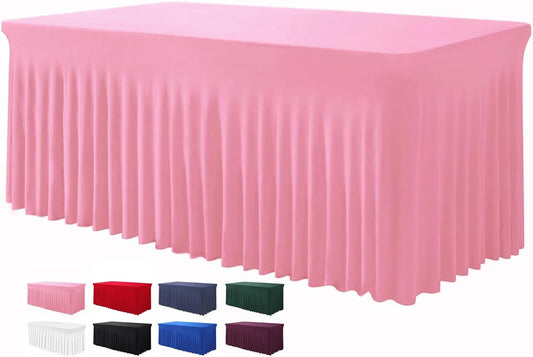 Table Skirts for Rectangle Tables 8ft - One-Piece Pink Tablecloths and Skirt, Wrinkle Resistant Ruffles Elastic Cover for Banquets, Weddings, Events, Parties
