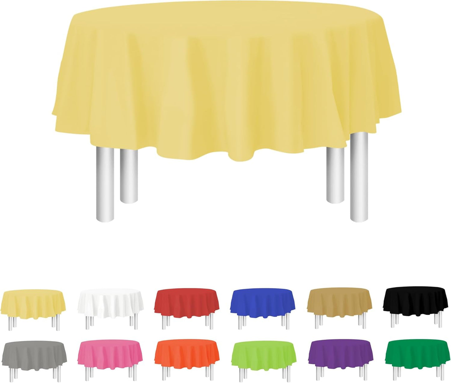 Yellow Disposable Plastic Tablecloth for Round Tables (12 Pack) 84 inches Table Cloths for Parties, Events & Weddings, Indoors & Outdoors, Plastic Table Cover