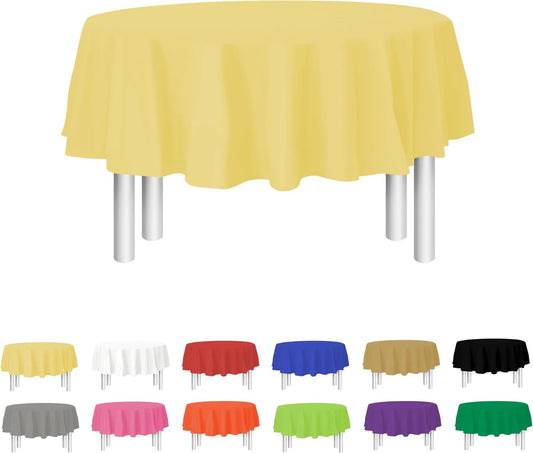 Yellow Disposable Plastic Tablecloth for Round Tables (12 Pack) 84 inches Table Cloths for Parties, Events & Weddings, Indoors & Outdoors, Plastic Table Cover
