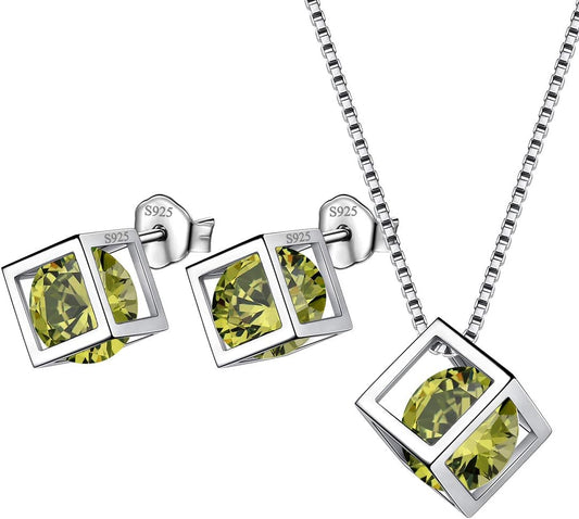 Aurora Tears Birthstone Necklace/Earring 925 Sterling Silver Women Cross/3D Cube/Cresent Moon Birth Stone Jewelry Mens Birthday Gift Anniversary Present