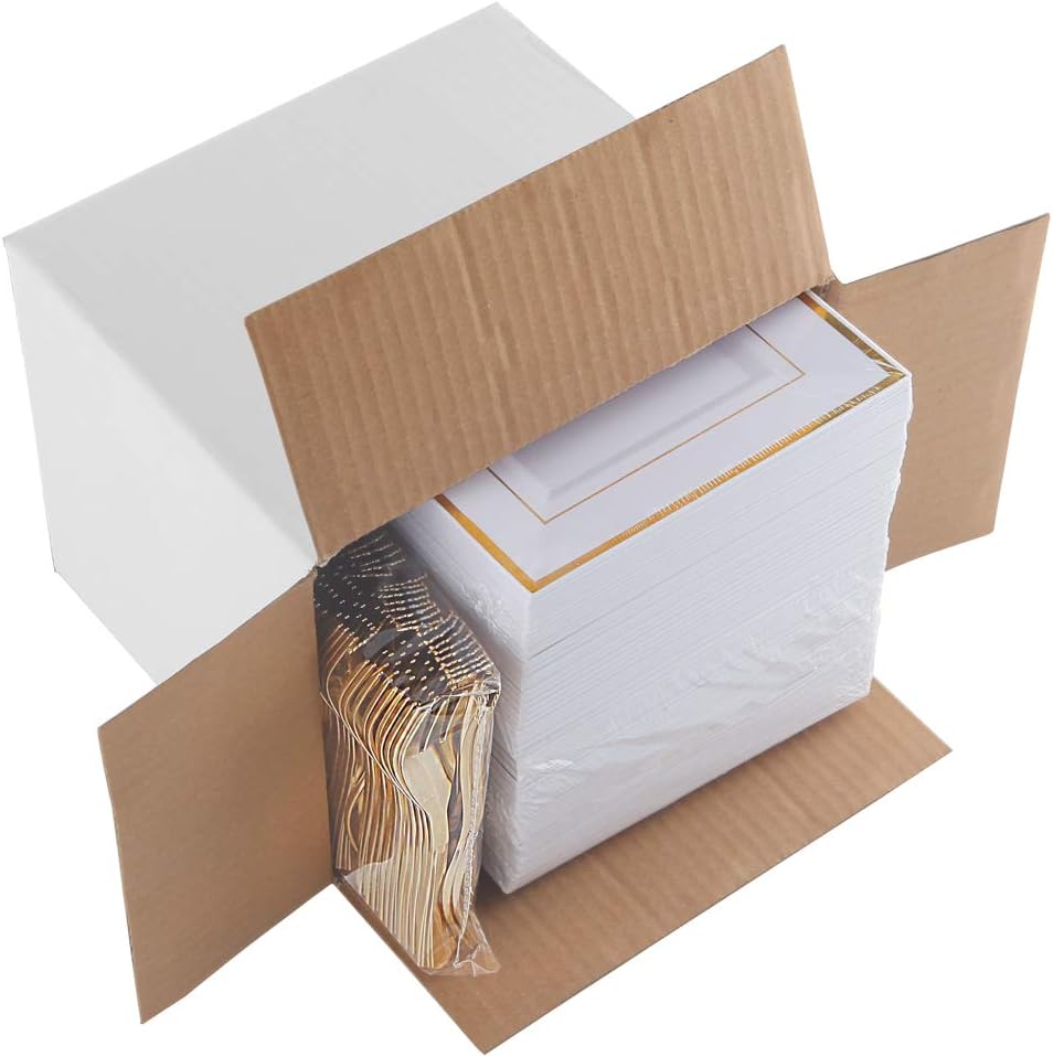 WDF 200PCS Gold Plastic Dessert Plates with Plastic Forks -6” 100 Square Disposable Appetizer Plates Small Plate Cake Plate &100 Gold Small Appetizer Forks for Daily Using Thanksgiving