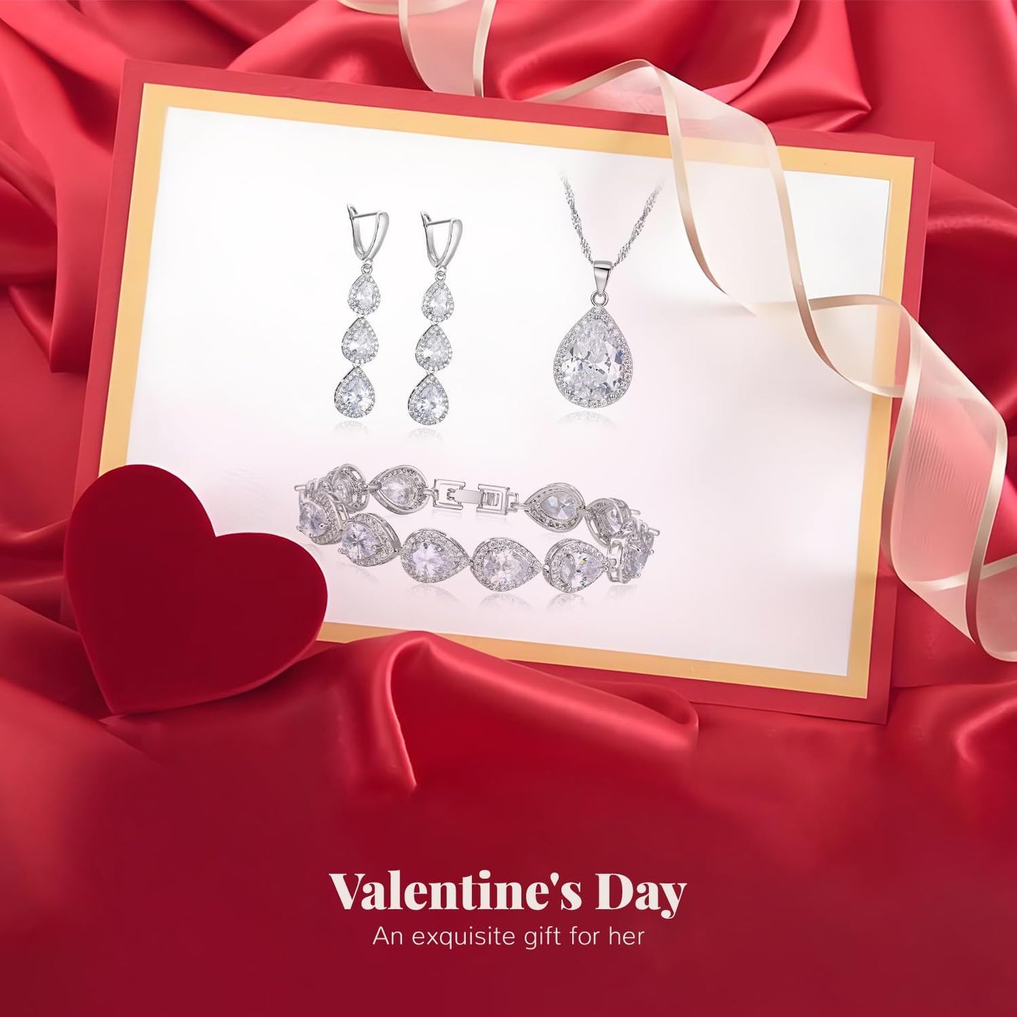 EleQueen Water Drop Pendant Necklace Long Dangle Earrings Tennis Bracelet Set, Sparkle Cubic Zirconia Teardrop Wedding Jewelry Sets for Bride Bridesmaid