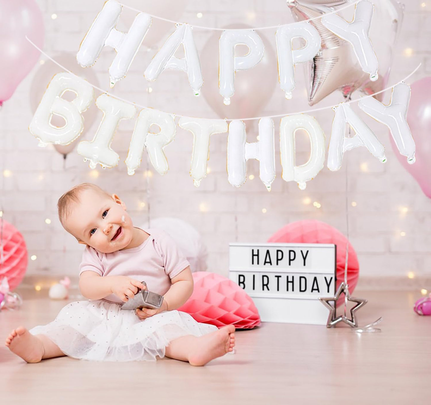 KALOR White Happy Birthday Balloons Banner, 16 Inch Mylar Foil Letters Balloon Sign for Women, Men, Boys & Girls Kids Birthday Decorations Photo Backdrop