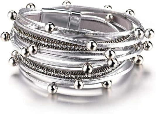 Fesciory Leather Wrap Bracelets for Women, Boho Leopard Multi-Layer Crystal Beads Cuff Bracelet Jewelry