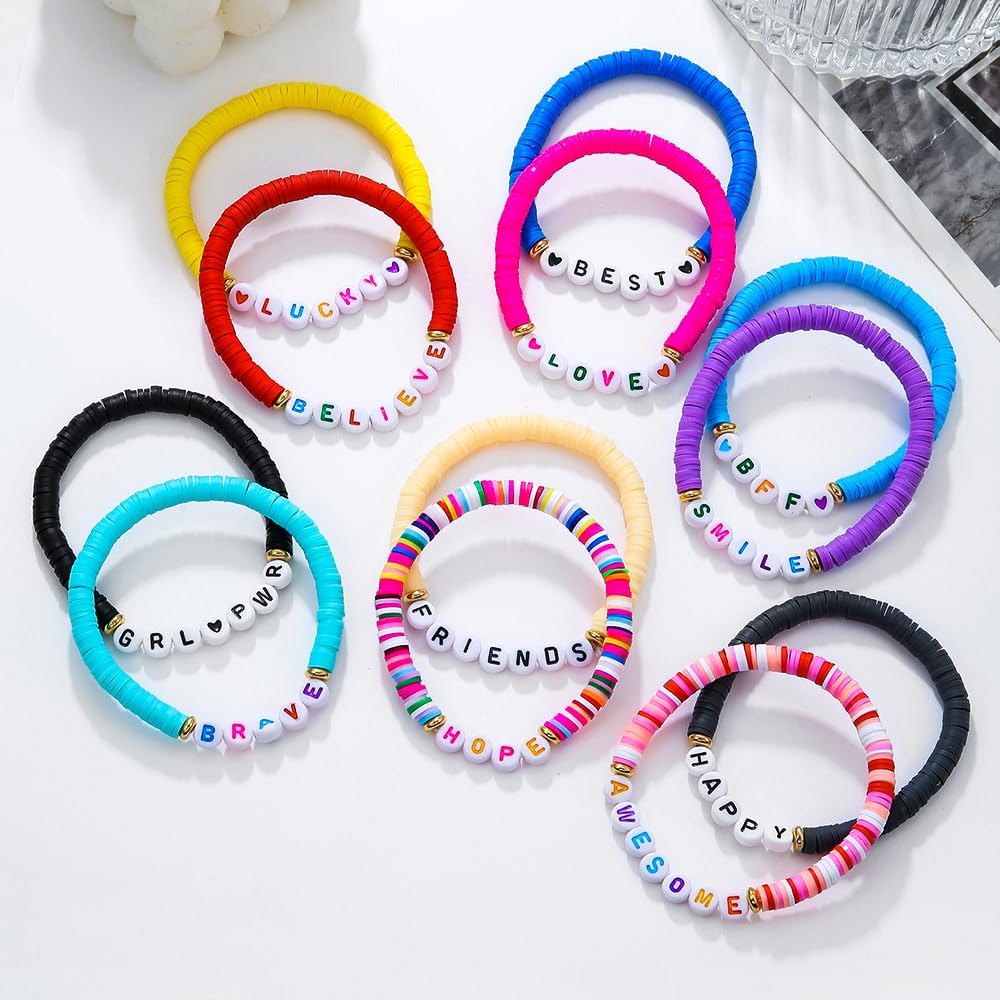 Heishi Surfer Clay Bead Bracelets Set for Women - Preppy Smile Evil Eye Beaded Stretch Bracelets Elastic Layering Friendship Bracelets- Stackable Boho Disc Summer Jewelry Set