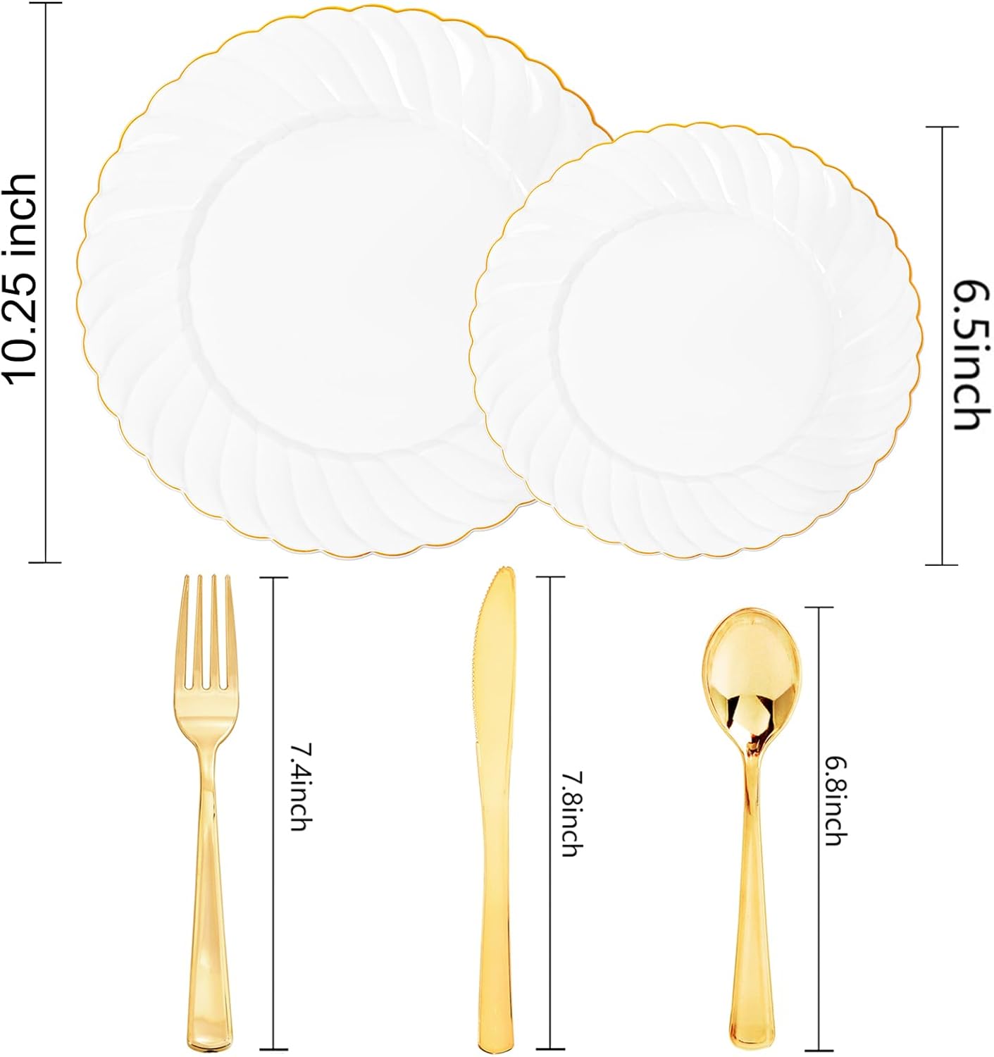YOUBET 125PCS White Plastic Plates with Gold Rim, Gold Plates Disposable with Golden Silverware Include 25 Dinner Plate 25 Dessert Plate 25 Forks 25 Knives 25 Spoons For Wedding, Parties Thanksgiving