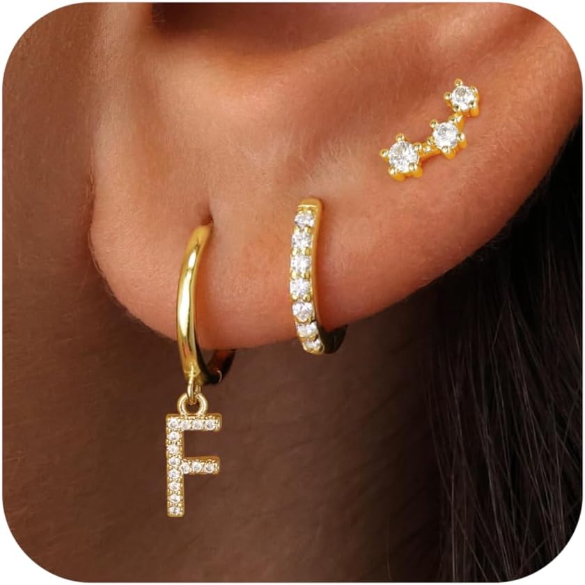 Gold Earrings for Women Girls - 3 Pairs Gold Huggie Hoop Earrings for Girls with Initial Dangle Cartilage Earrings Studs Hypoallergenic Earring Set for Multiple Piercing Gifts for Women Girl