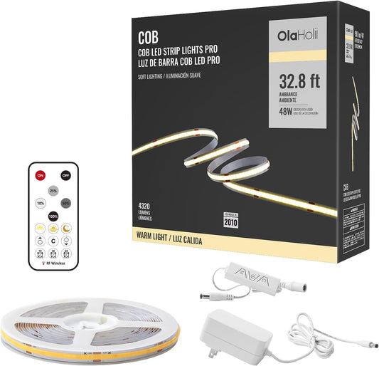 32.8ft COB Led Strip Light with Remote, 3000K Dimmable Bright Warm White Led COB Strip Light, White Continuous Led Strip Light for Mirror, Stair, Cabinet, Room
