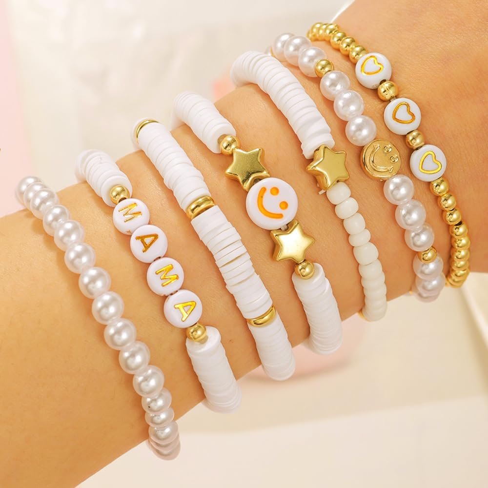 Friendship Bracelets for Women - Heishi Surfer Colorful Smile Evil Eye Clay Beaded Stretch Bracelets Elastic Layering - Stackable Boho Disc Y2K Aesthetic Summer Jewelry Set.