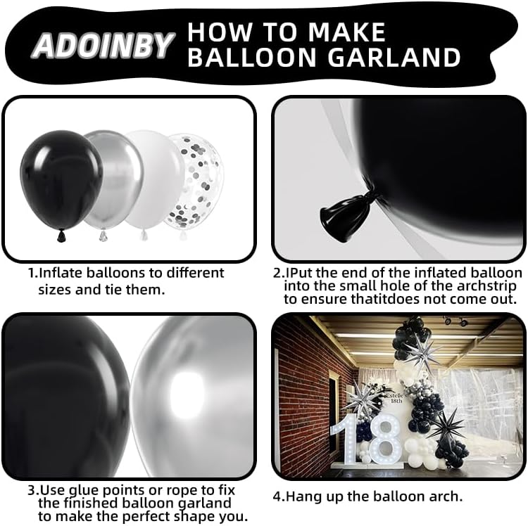 Black and Silver White Balloon Arch Kit, 140Pcs Explosion Star Black and Silver White Balloon 22 18 12 10 5 Inch Different Size Balloons for Birthday Anniversary New Years Party Decorations