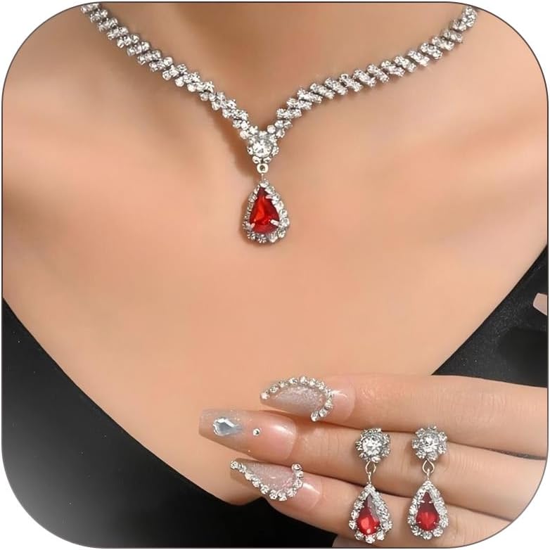 Wedding Jewelry Sets for Brides Rhinestone Necklace and Earring Set Bracelet Ring Gold Silver Prom Jewelry Sets Diamond Flower Teardrop Necklace for Women