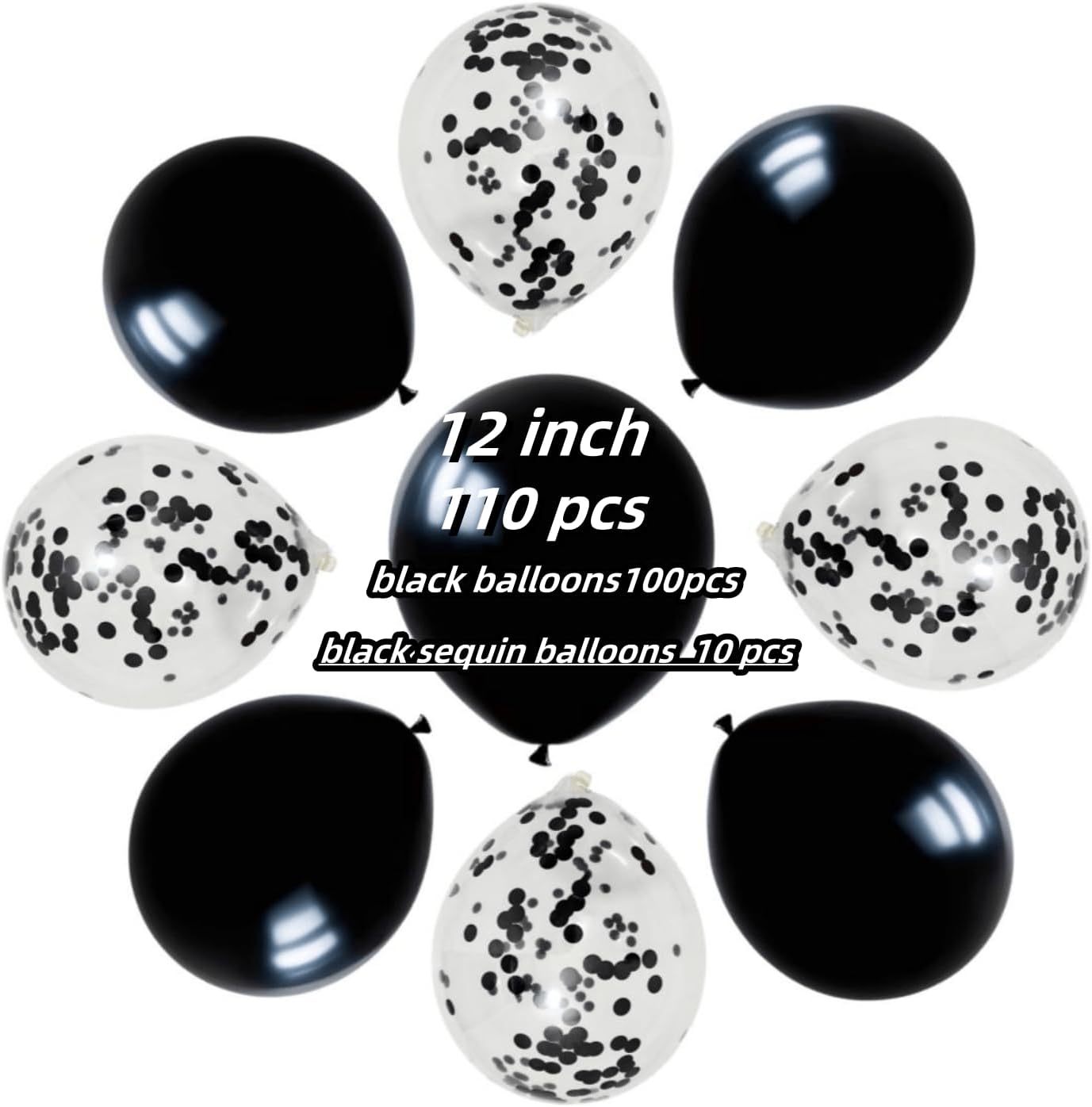 100 Pcs Black Balloons 12 inch and 10 Pcs Black Confetti Balloon Total 110 for Wedding, Graduation, Birthday Party Decoration