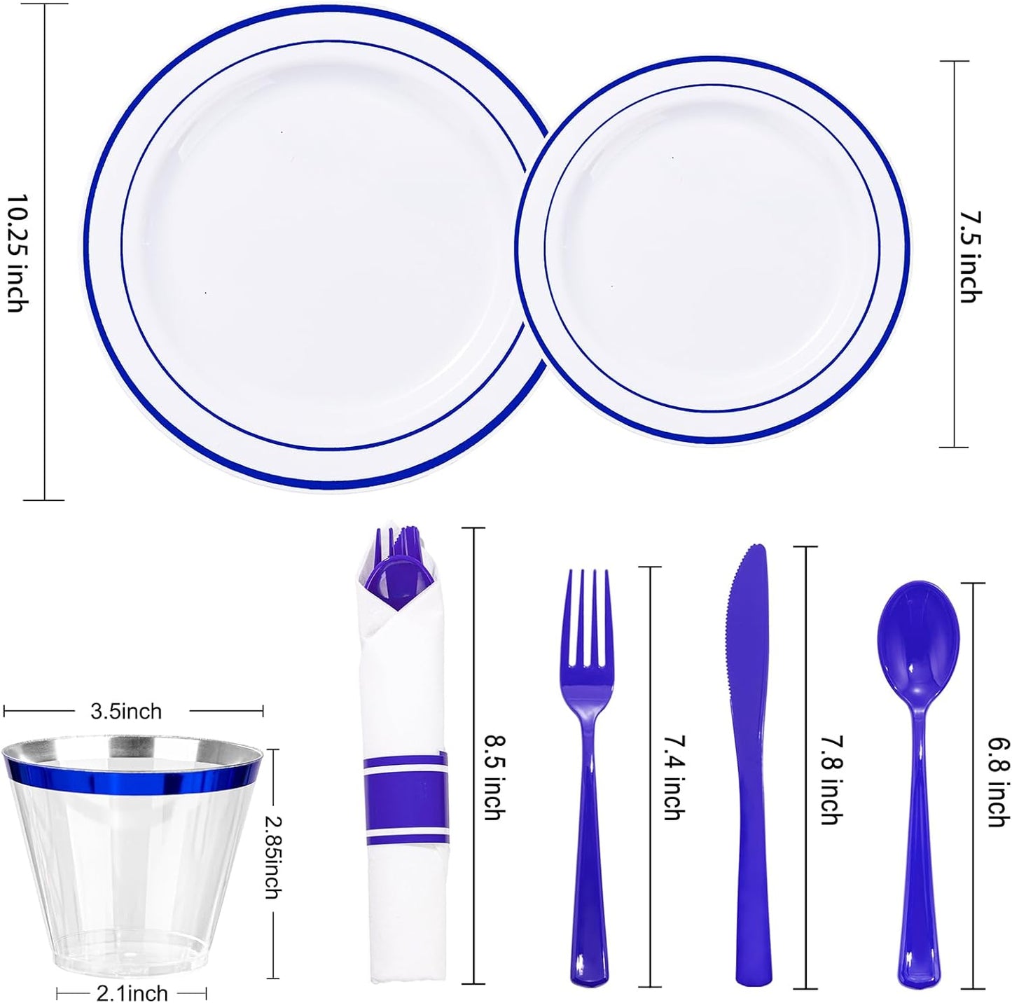 WELLIFE 210 Piece Blue Disposable Dinnerware Set,Plastic Plates for Party, Include: 30 Dinner Plates, 30 Dessert Plates, 30 Pre Rolled Napkins with Gold Silverware and 30 Gold Cups