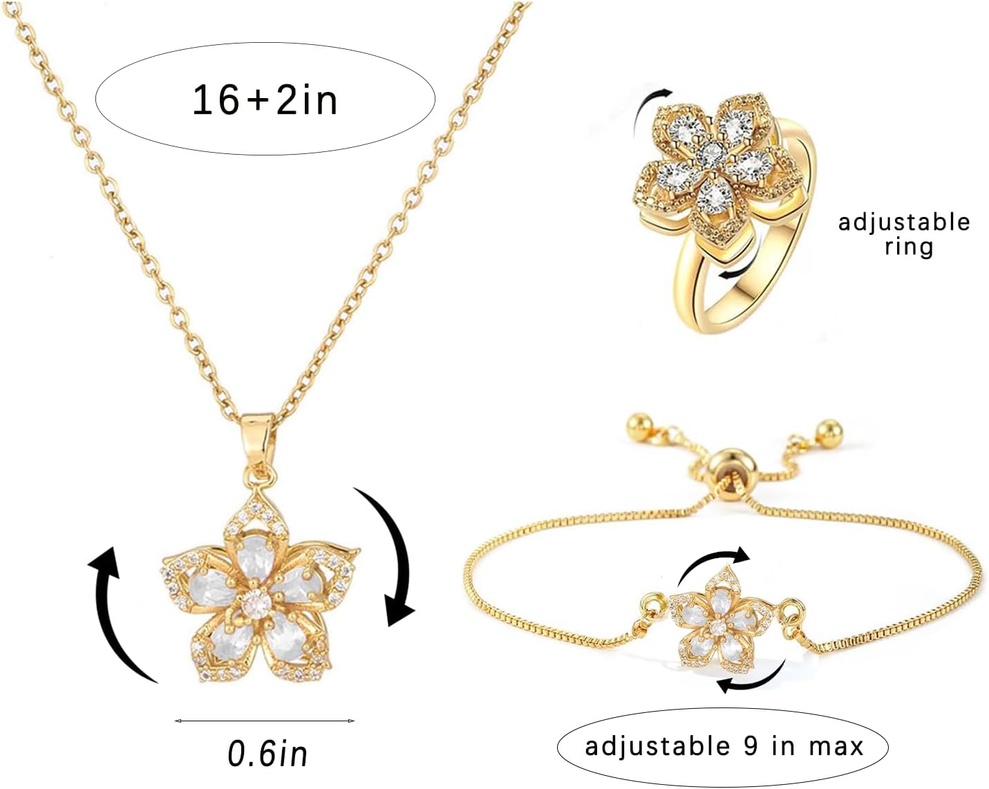 Necklace for Women Gold Flower Fidget Necklace Rotatable Crystal Silver Blossom Pendant Necklaces Adjustable Spinning Fidget Necklaces Redbud Flower Choker Funny Gift Jewelry