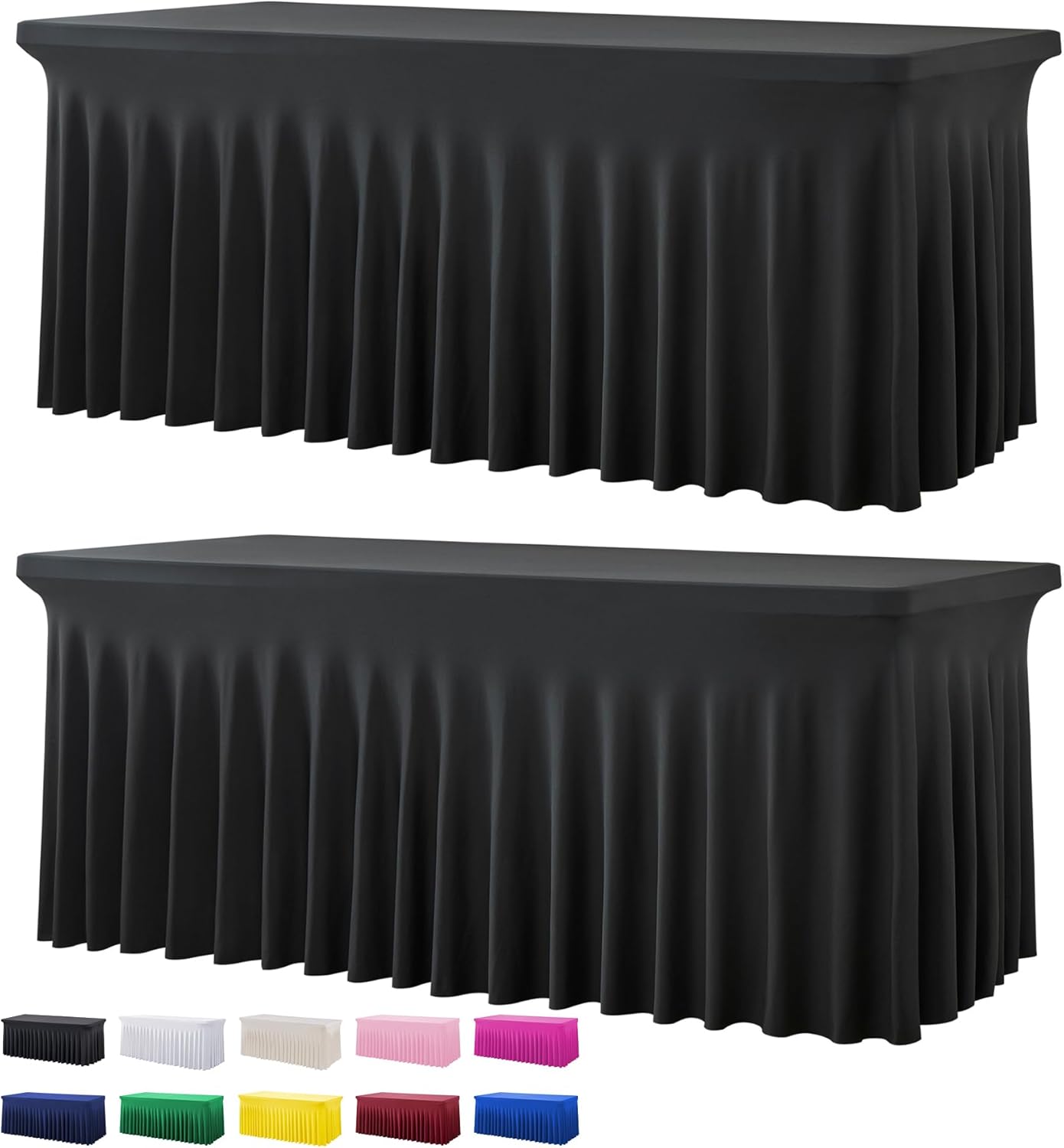 2 Pack Black Spandex Table Covers for 6 Foot Rectangle Tables, Wrinkle Free Fitted Tablecloths 6ft Stretch Table Clothes with Skirt for Parties Weddings Birthday Banquet Baby Shower
