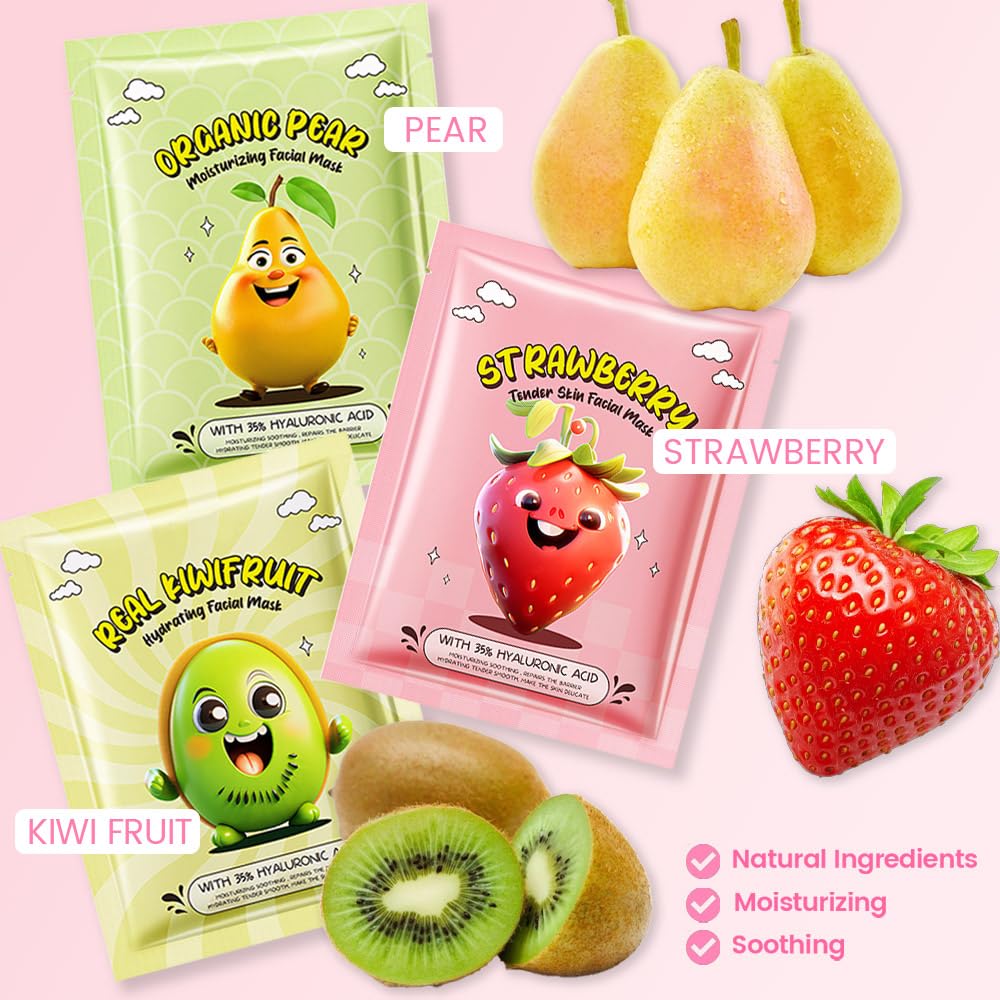 Kaely 6 Pack Fruit Face Masks for Kids, Kids Face Mask Spa Day Kit Supplies, Spa Party Favors for Teens Girls Women, Sheet Facial Mask Skincare Gifts Set, Moisturize Soothe for All Skin Types, 02
