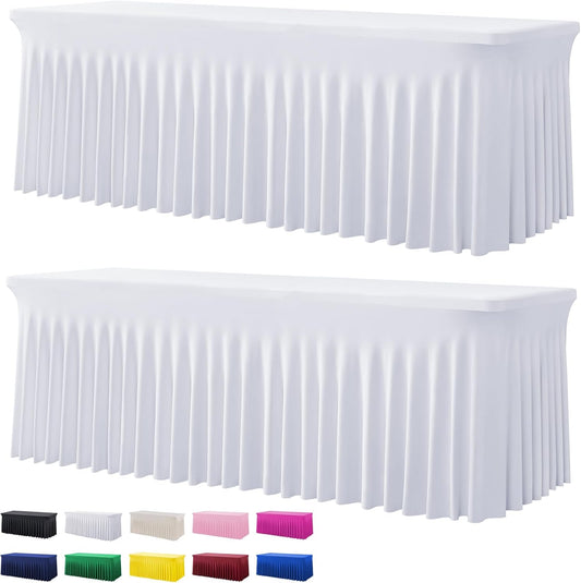 2 Pack White Spandex Tablecloths for 8 Foot Rectangle Tables, Wrinkle Free Stretchy Table Cloth 8ft Fitted Table Cover Desk Skirt for Parties Weddings Birthday Banquet Baby Shower