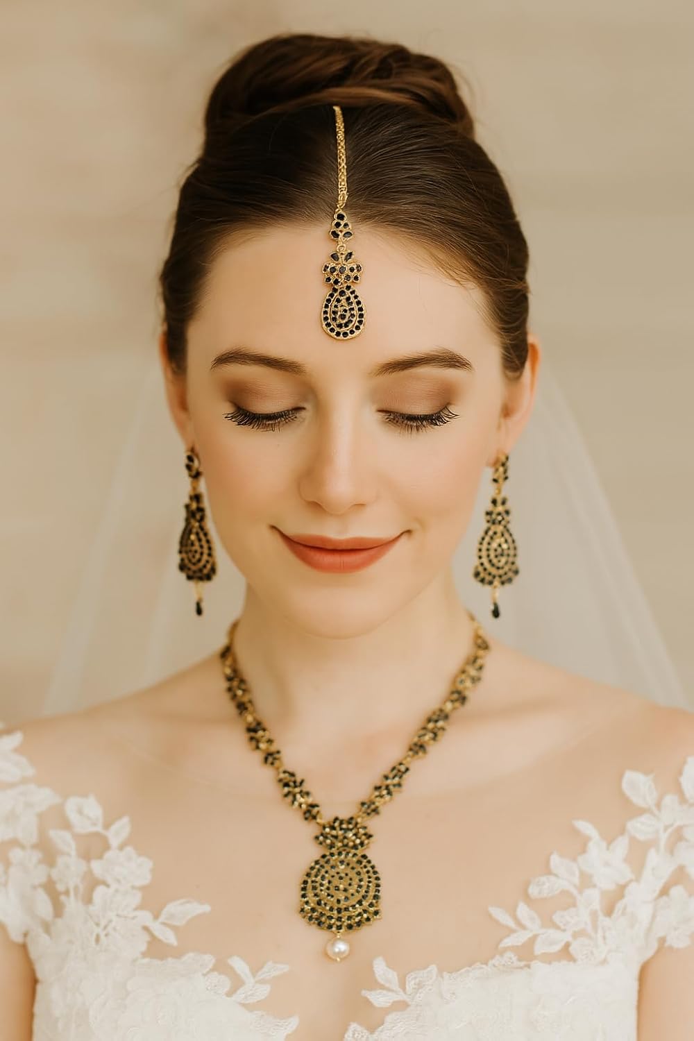 Touchstone Indian jewelry sets for women maang tikka wedding guest gold necklace bollywood jewellery set pageant elegant prom bride accessories western crystal chunky rhinestone necklaces