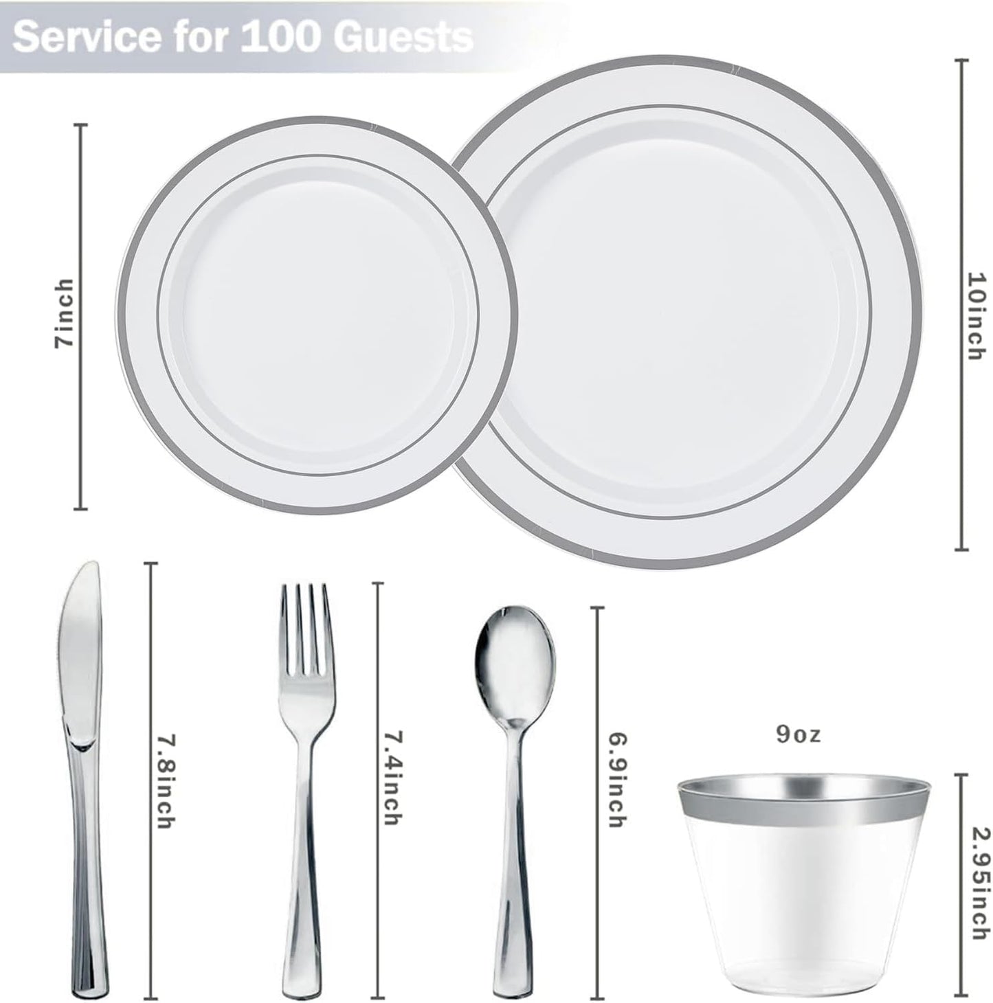 N9R 600PCS Silver Disposable Plastic Plates, Silver Plastic Dinnerware Set Includes 100 Dinner Plates, Dessert Plate, Cups, Spoons, Forks, Knives for 100 Guests, Perfect for Party, Wedding, Birthday