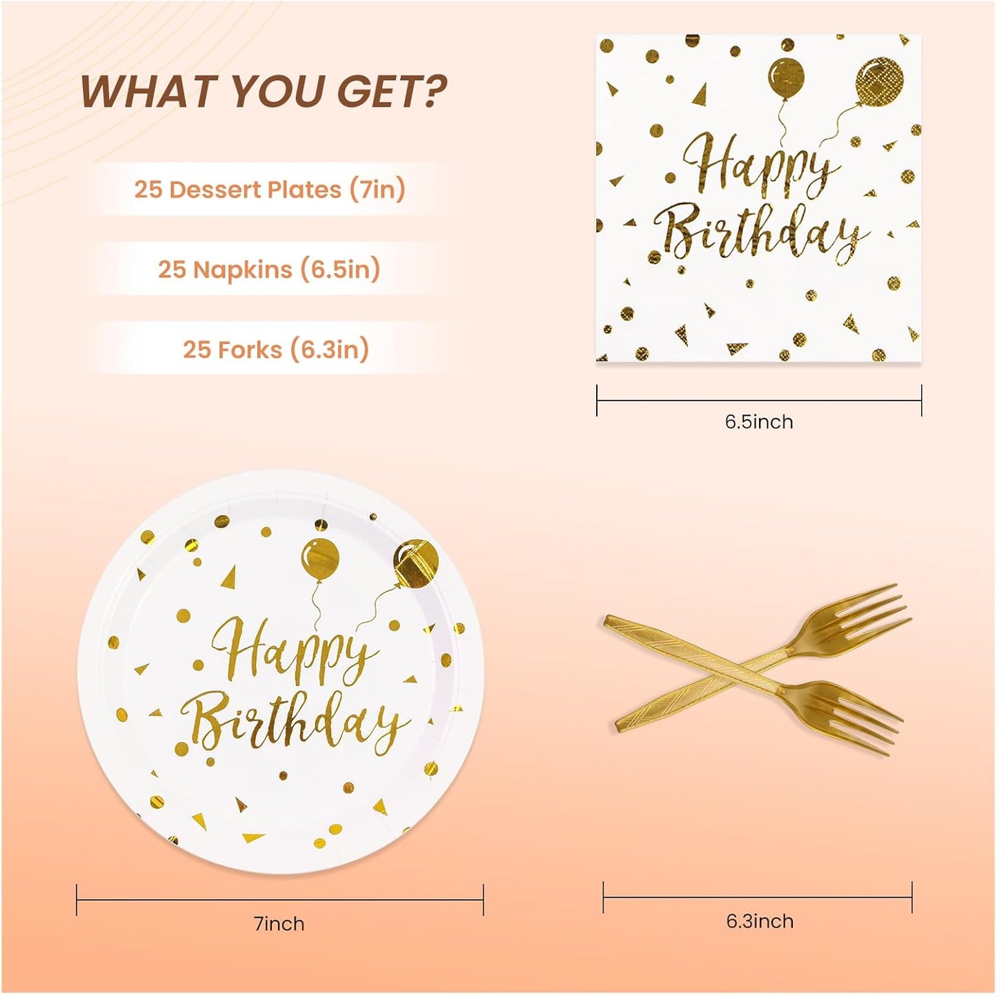 75PCS Happy Birthday Paper Plates - 7 Inch White Gold Dot Paper Plates and 6.5 Inch Napkins with 6.3 Inch Forks Disposable Tableware Set for Birthday Party Decorations, Serves 25