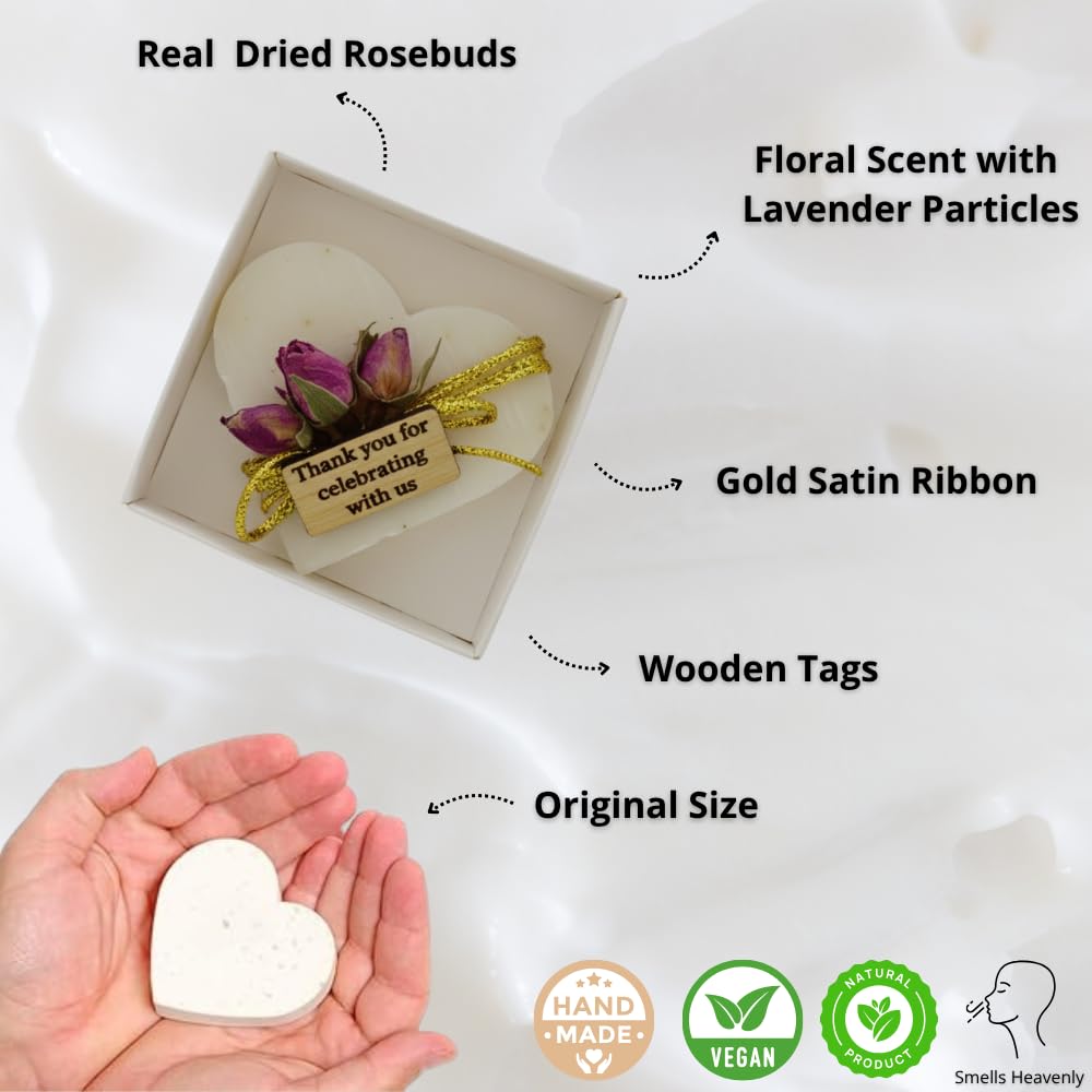 Heart Shaped Soaps 12-Pack, Handmade Scented Mini Soaps for Bridal Shower Party Favors, Wedding, Baby Shower, Thanks You for Celebrating with Us Wooden Tag, White Box