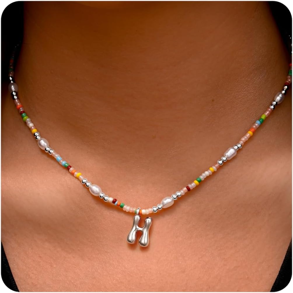 Ritach Initial Necklaces for Women Girls - Christmas Gifts for Grandkids Light Colorful Beaded Pearl Initial Necklace Gold/Silver Bubble Pendant Letter Necklace Stocking Stuffers for Teen Girls Women